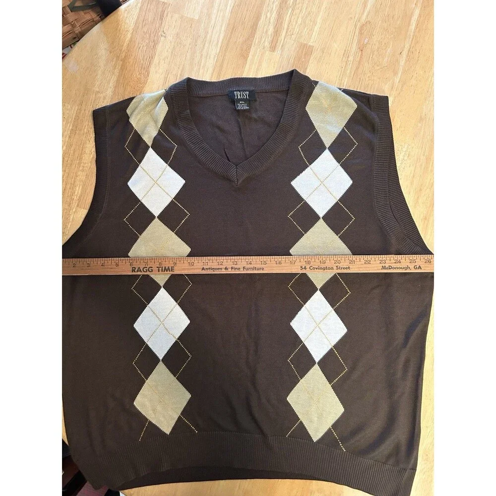Trust 2XL Brown Argyle Sweater Vest V Neck Preppy Golf Grandpa Core Knit Top